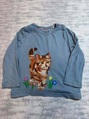 Mini Boden Blue Long Sleeve Tee Sequin Tabby Cat 2-3Y